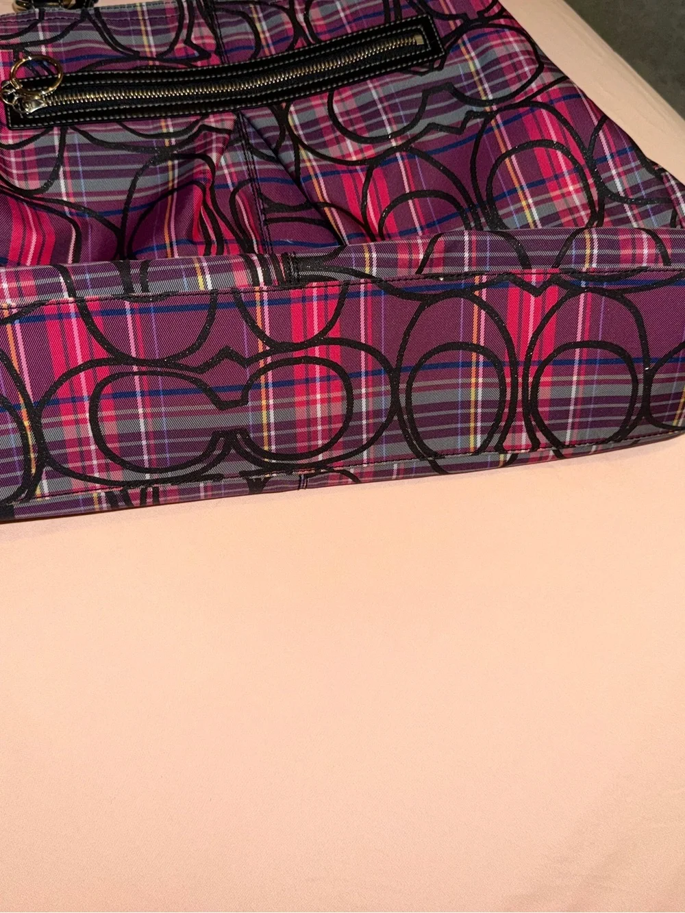 Coach Poppy Plaid Tartan Glitter Carryall Tote Bag/ Purse in Pink/Purple/Black